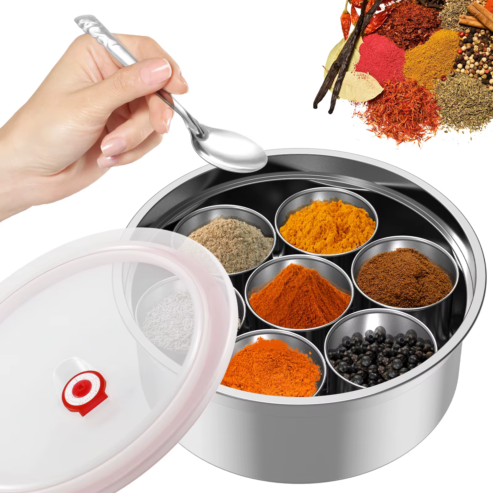 Masala Dabba Boîte à épices Récipient de stockage d'épices en acier inoxydable avec 7 compartiments