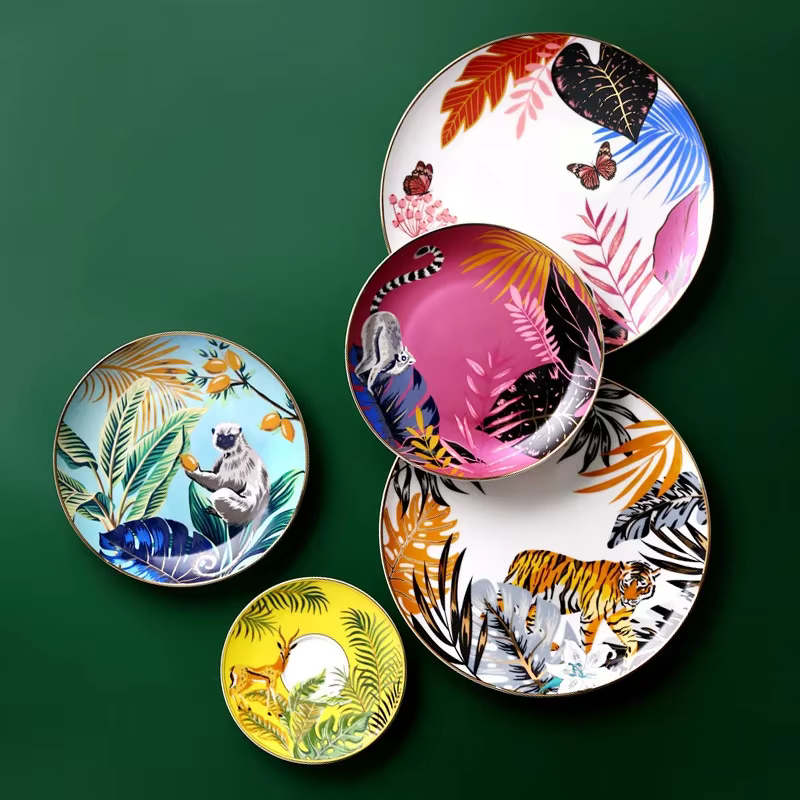 Service de vaisselle coloré forêt Animal Design assiette plateau à Steak plat vaisselle en céramique 10 pouces plat cadeau de noël or
