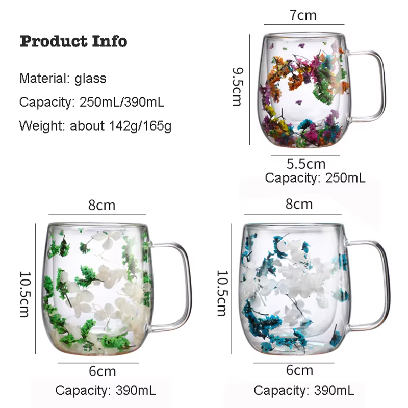 Tasse à café en verre à fleurs séchées, 390ml, Double paroi, verres à boissons, tasse à thé, pour jus de lait, cadeaux d'anniversaire