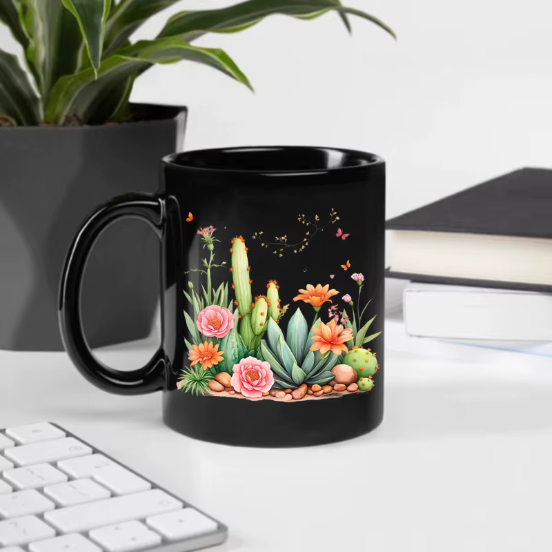 Tasse en céramique Cactus noir et fleurs