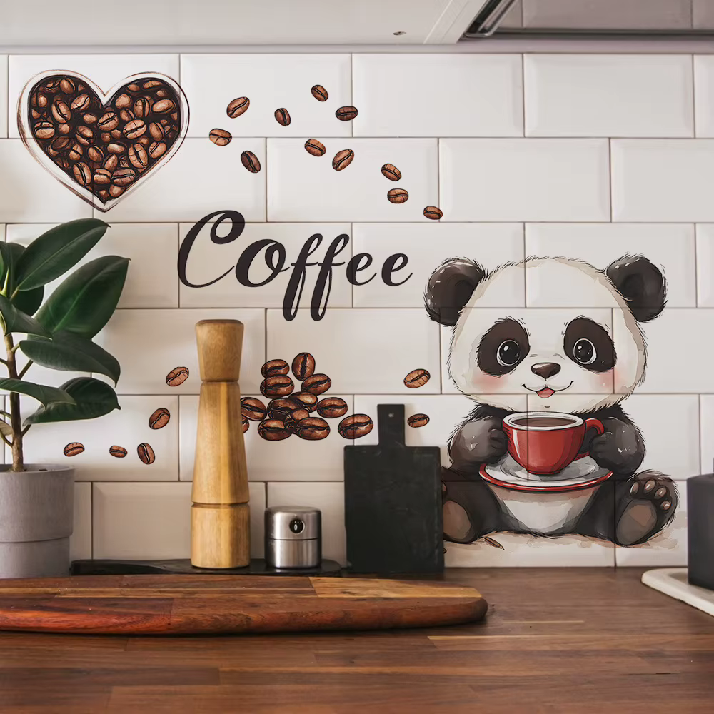 Autocollant mural de panda dessinant un panda buvant du café