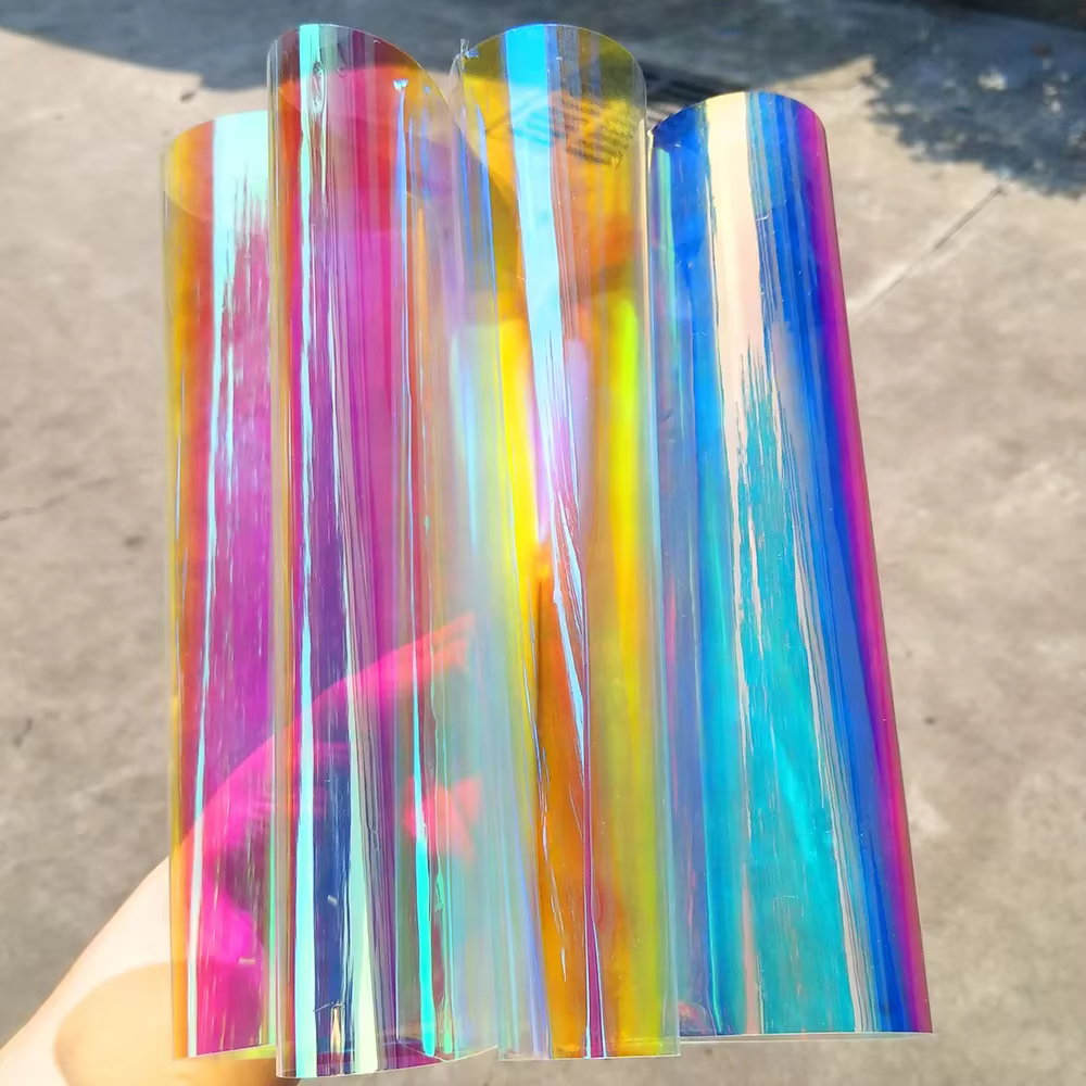Teinte de fenêtre en verre de bâtiment dichroïque caméléon, Film décoratif coloré découpé UV pour centre commercial et bureau, vitrail auto-adhésif