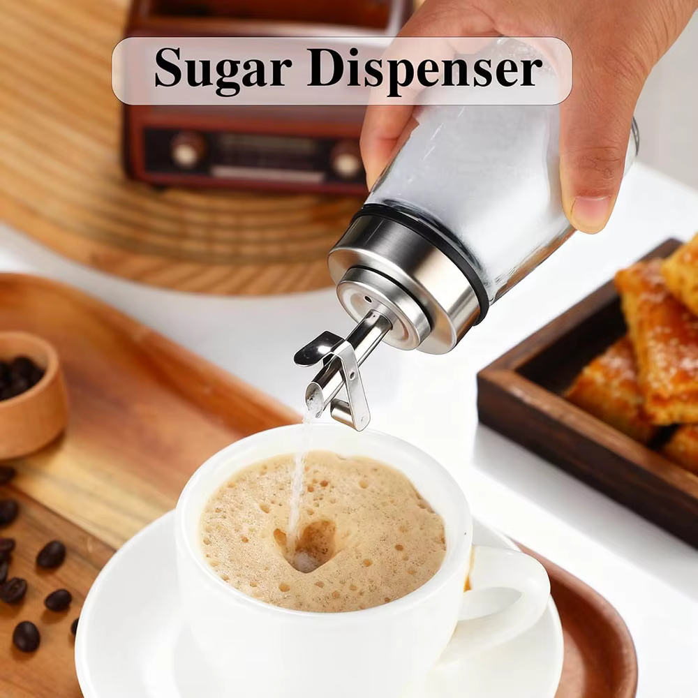 Distributeur de sucre en verre avec couvercle en acier inoxydable