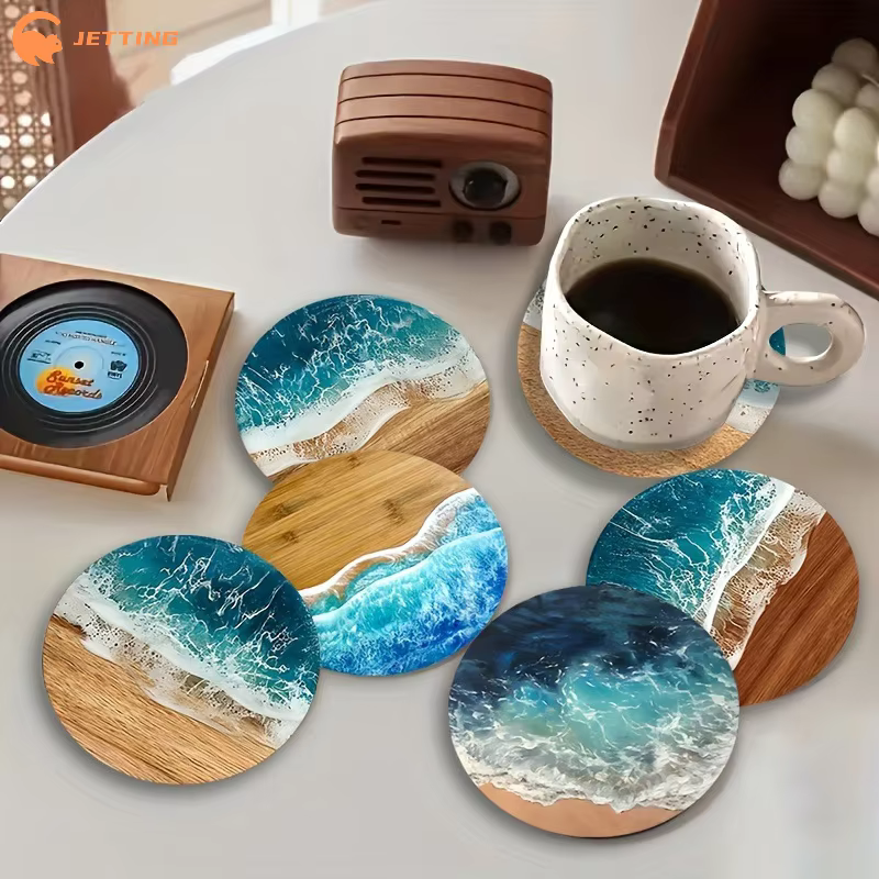 Ensemble de sous-verres et napperons ronds en bois bleu océan