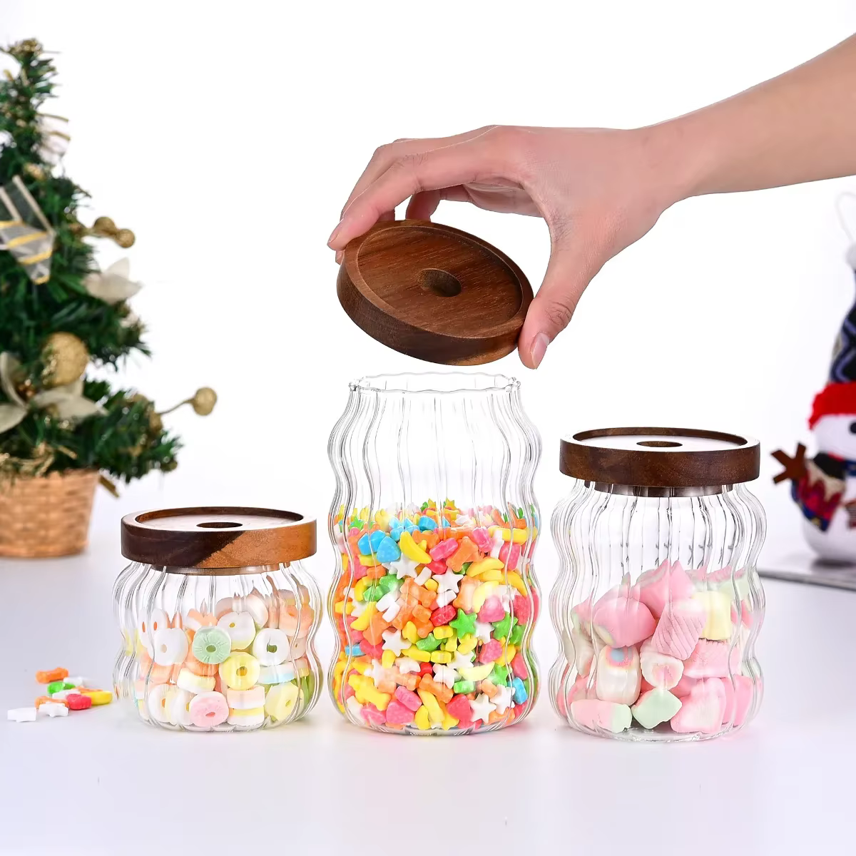 Bouteilles de rangement en verre rayé avec couvercle en bois