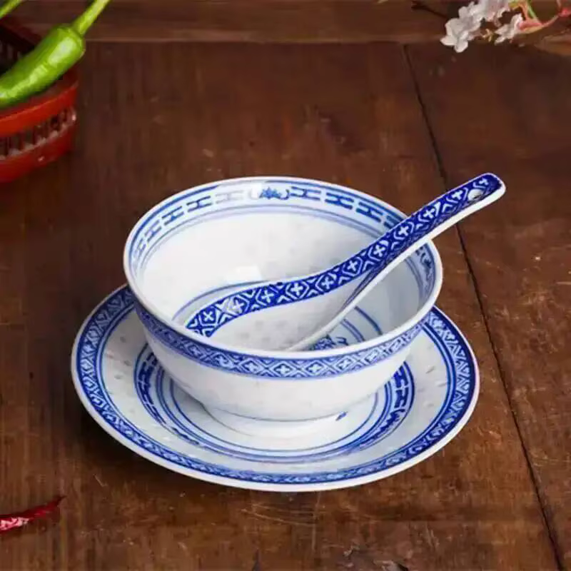 Lot de 3 bols à dessert bleus et blancs avec cuillères, vaisselle de table