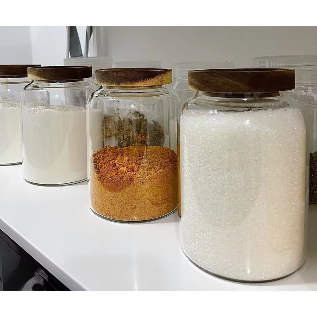 KEMORELA 3L pots de verre de cuisine avec couvercle hermétique d'acacia pour farine et sucre récipient de nourriture