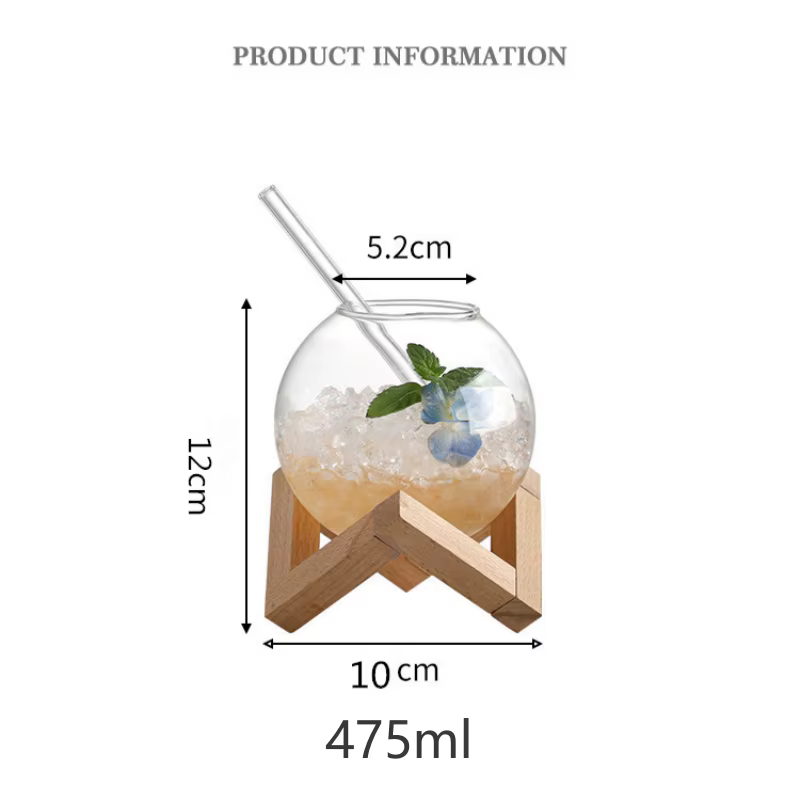 Tasse en verre sphérique créative avec support en bois