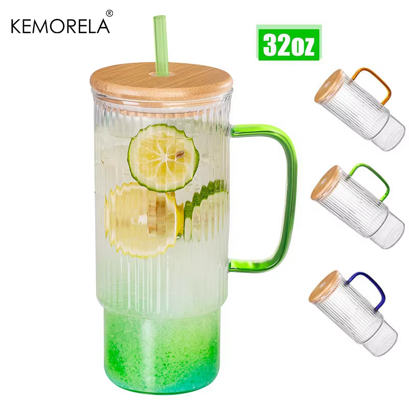 Gobelet en verre nervuré d'inspiration vintage de 900 ml avec couvercle et paille en bambou – Poignée multicolore pour