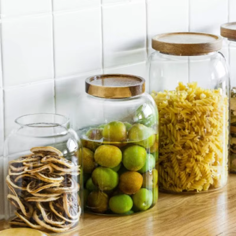 KEMORELA 3L pots de verre de cuisine avec couvercle hermétique d'acacia pour farine et sucre récipient de nourriture