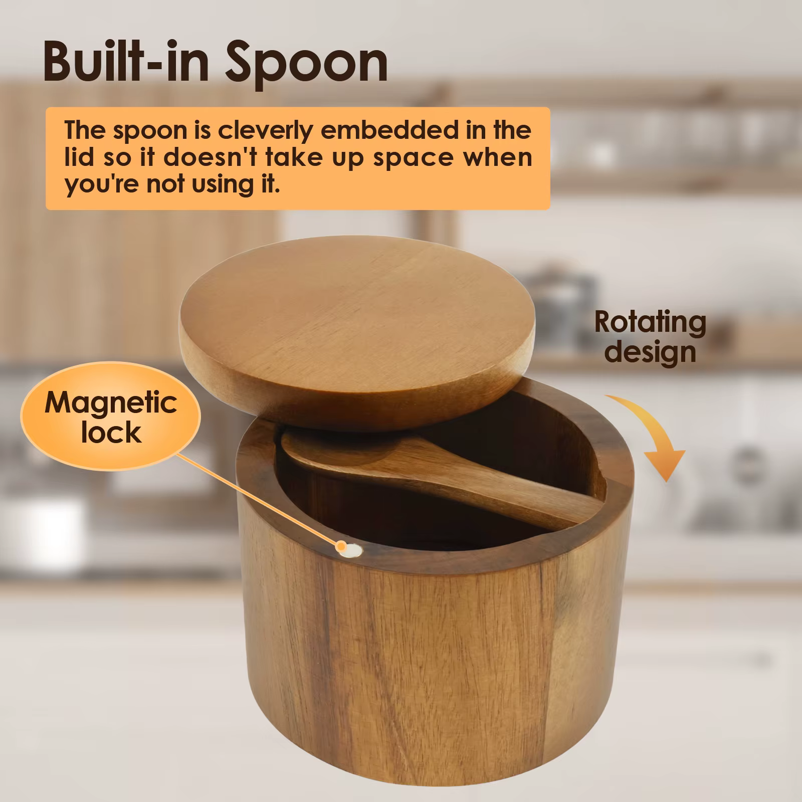 Salière Ronde en Bois d'Acacia avec Cuillère spatirée et Couvercle à Comcussion Magnétique