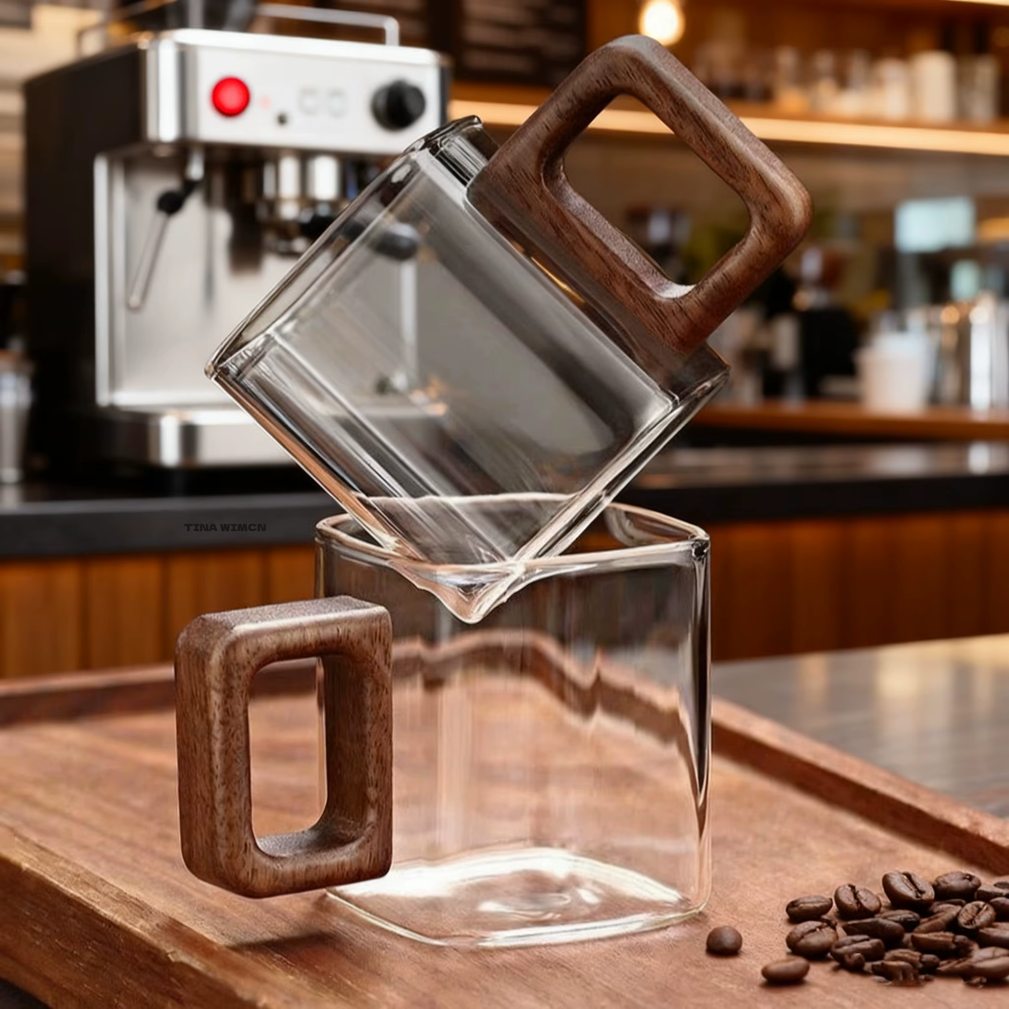 TINA WIMCN 4 pièces 90ml petite capacité tasse à café en verre moulu avec manche en bois de noyer maison petit déjeuner lait thé tasses Drinkware