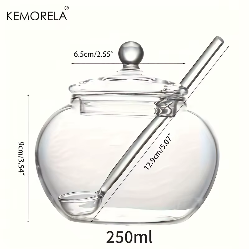 1/2PCS 250ML Sucrier en verre transparent avec cuillère et couvercle arrondi