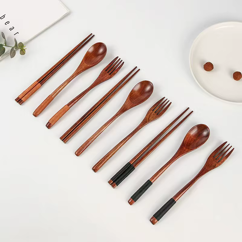 Ensemble de couverts en bois écologiques réutilisables portables-baguettes cuillère fourchette ustensiles de salle à manger durables faciles à nettoyer