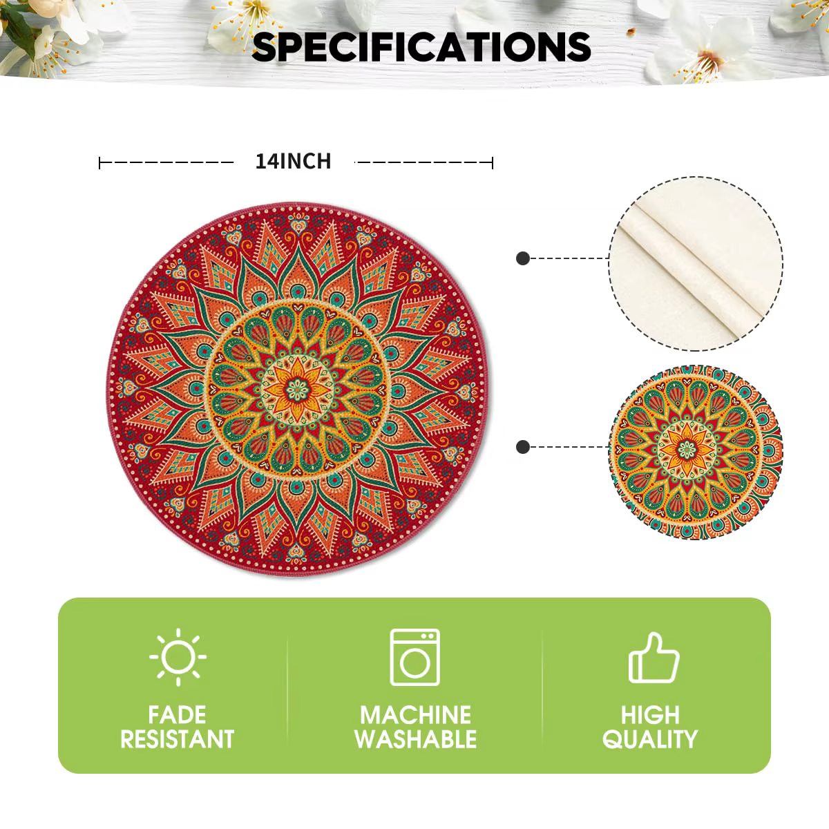 Ensemble de 4 sets de table ronds Mandala rouge, tapis de table de ferme de printemps saisonnier pour la décoration de salle à manger de cuisine de fête