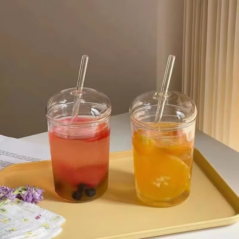Tasse en verre avec couvercle et paille de 450ML