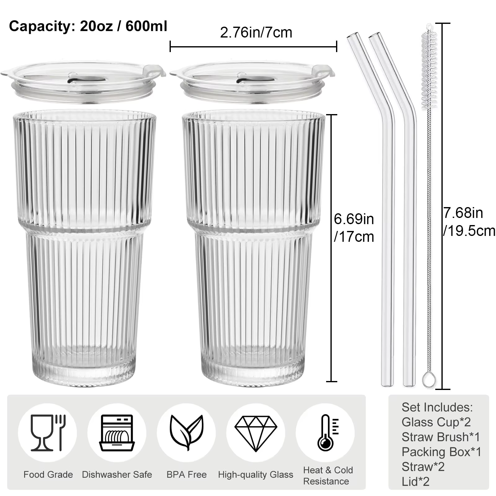Lot de 2 gobelets à café glacé avec paille et couvercle