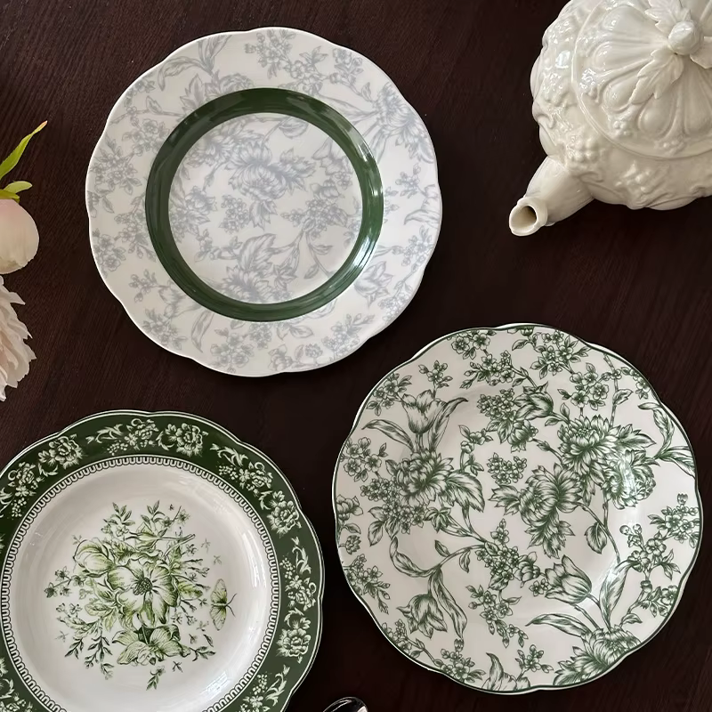 Assiettes à dîner en céramique en dentelle gaufrée de style rétro émeraude française