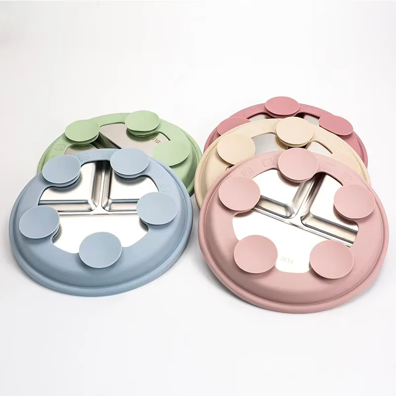 Vaisselle pour enfants en acier inoxydable 304 - Assiette divisée avec base d'aspiration en silicone pour la formation