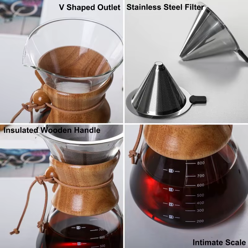Cafetière à verser manuelle avec manchon en bois
