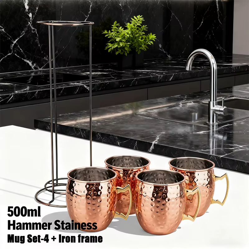 Ensemble de 4 tasses Moscow Mule de 500 ml avec support en fer