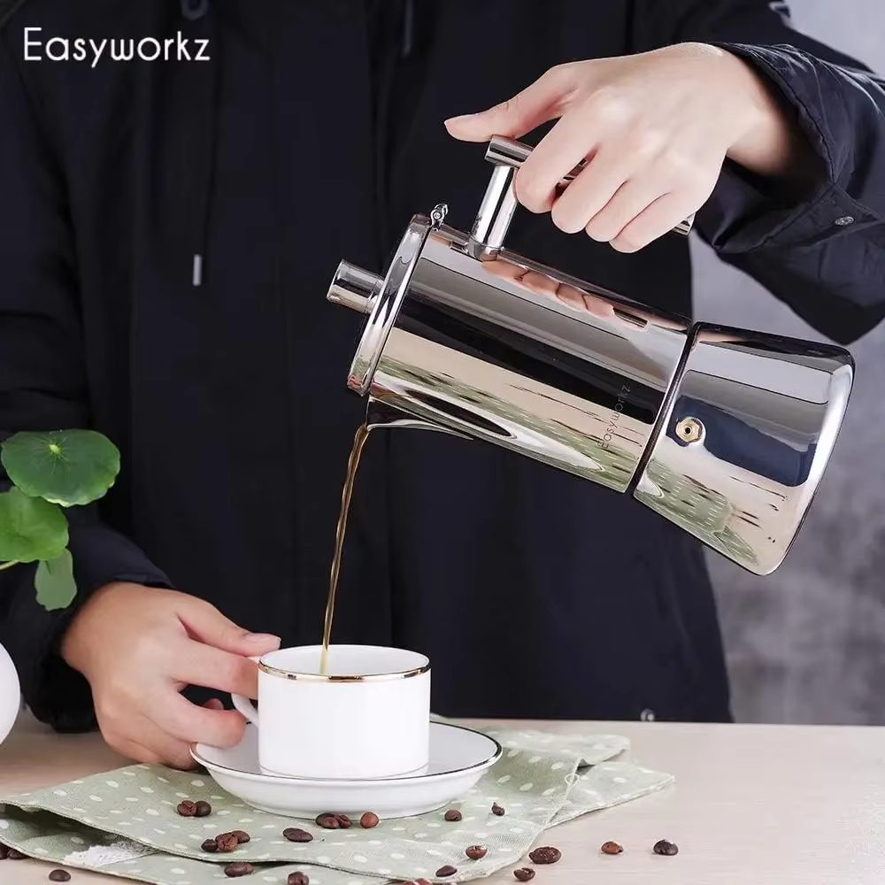 Easyworkz Diego Cafetière Expresso Italienne en Acier Inoxydable pour Plaque de Cuisson, 4 Tasses (6,8 oz), Compatible Induction, Type Moka