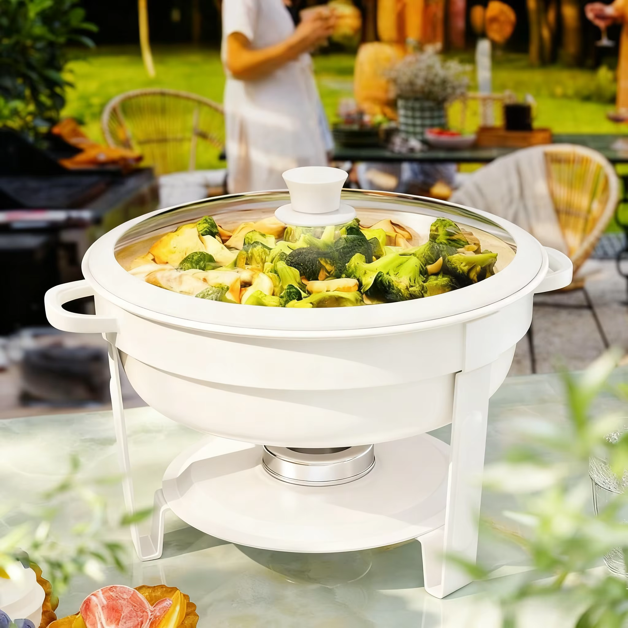 Plats de service blancs pour buffet 5QT avec couvercle en verre empilables
