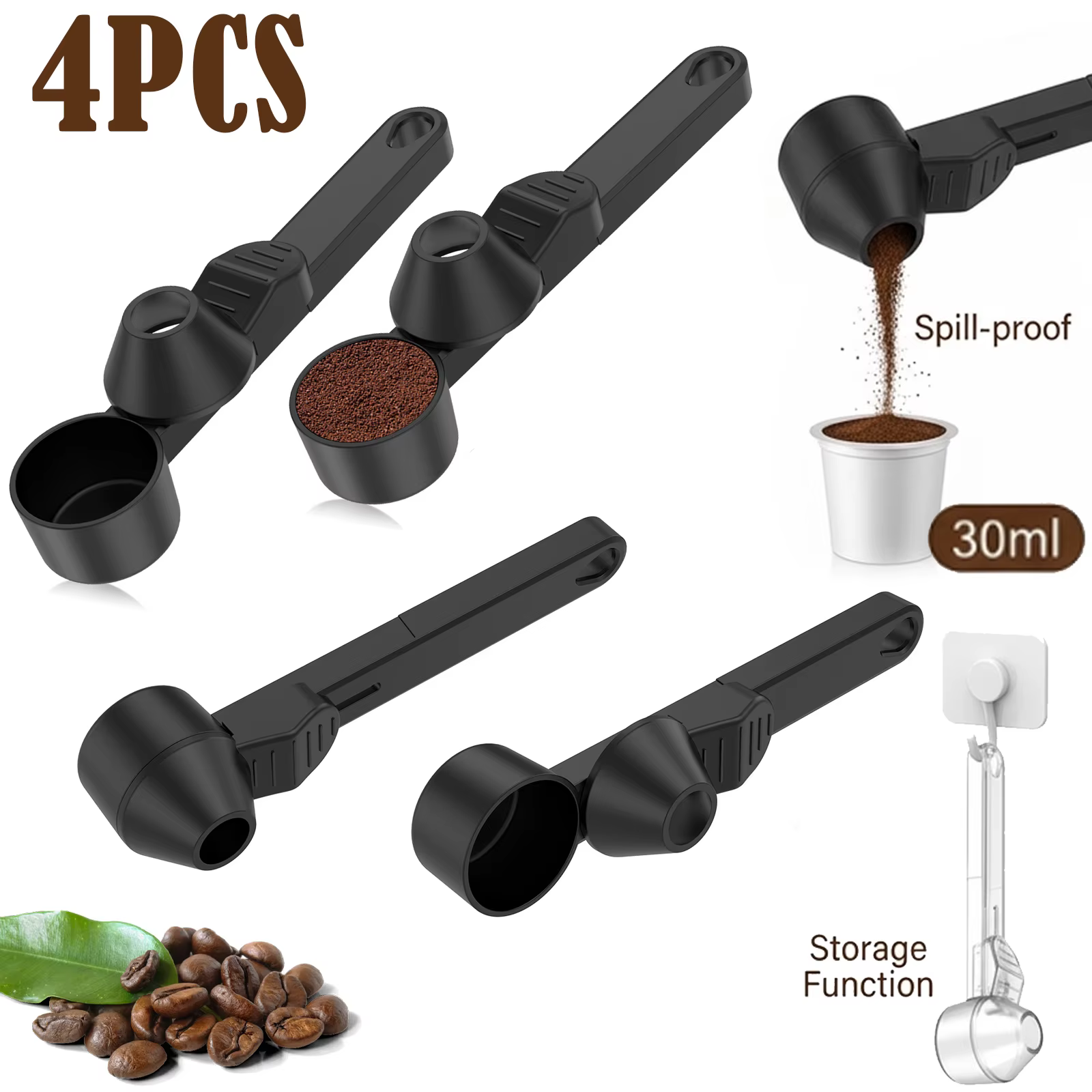 Lot de 4 cuillères à café avec entonnoir pour dosettes de café rechargeables K-Cup, cuillère doseuse de 30 ml avec niveleur coulissant pour café, poudre de protéines