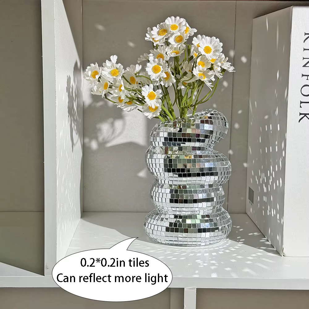 Vase boule Disco spirale, carreaux de verre uniques, bouteille de fleur, jardinière boule Disco, Vase miroir argenté, décor de maison, salon, bureau