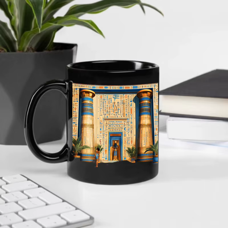 Un temple égyptien noir conçu une tasse en céramique avec hiéroglyphes et colonnes convient à boire du café