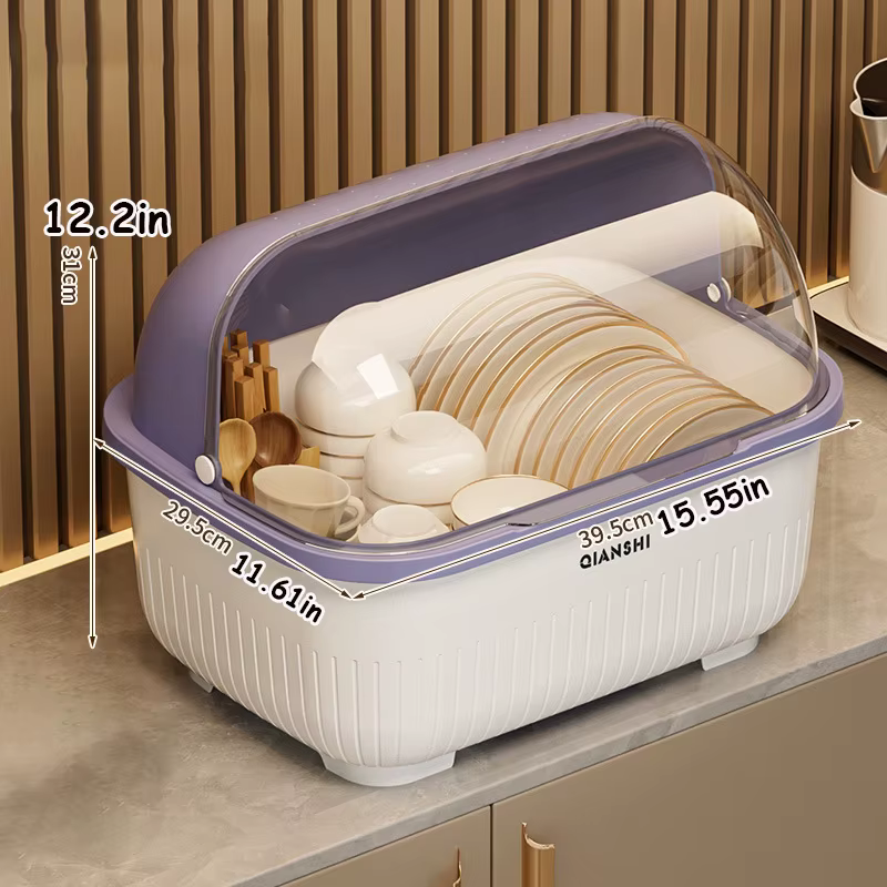 Égouttoir à vaisselle avec couvercle de protection - Meuble de rangement de cuisine peu encombrant et anti-poussière