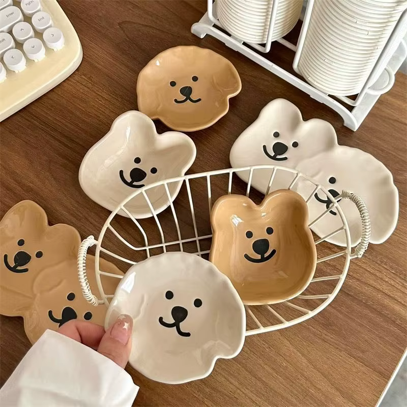 Adorable plat à sauce en céramique avec motif de chien et d'ours mignon – Bol à tremper simple/double compartiment pour