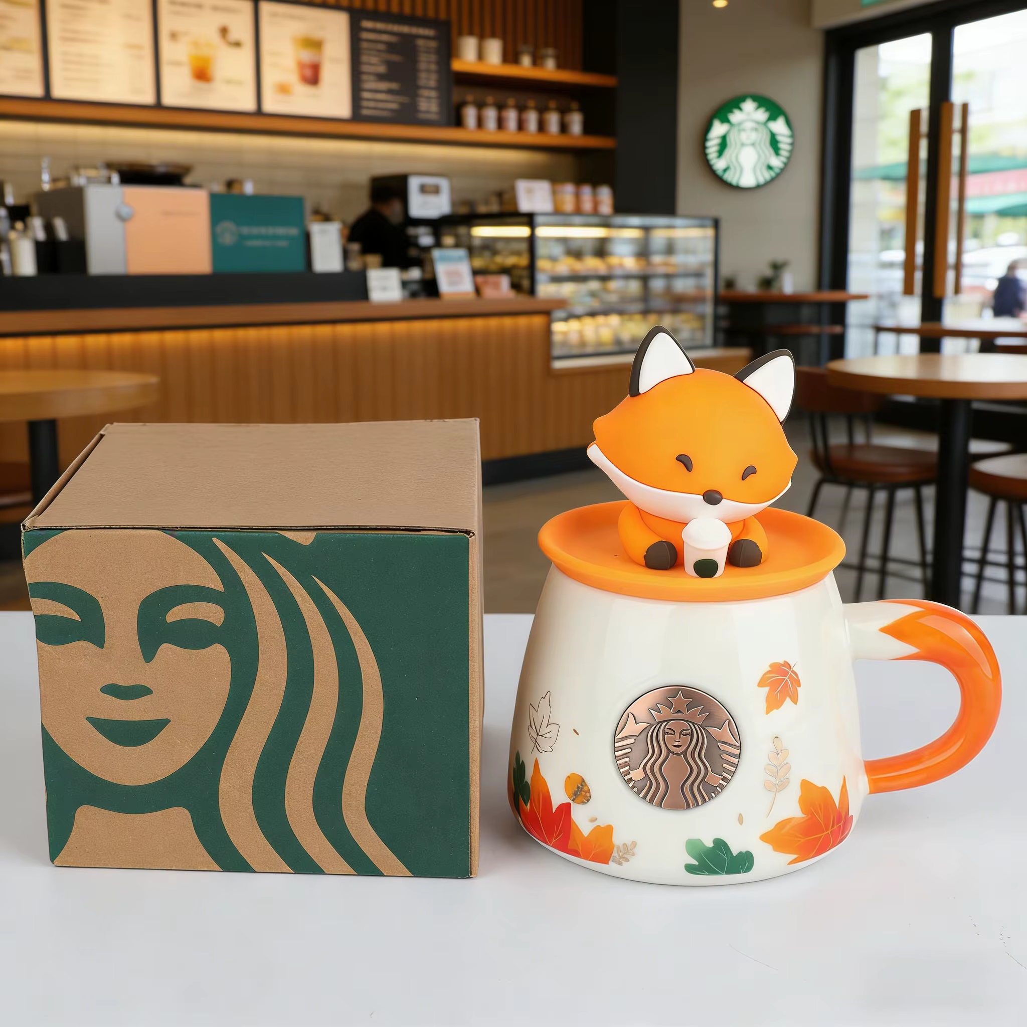 Tasse Starbucks Autumn Forest Cute Fox 300ml en céramique avec motif feuille d'érable pour café et eau