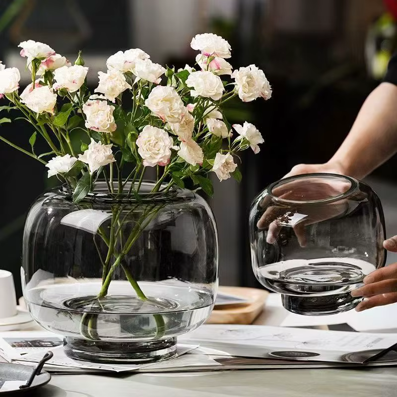 Vase en verre Transparent avec conception circulaire à grande bouche