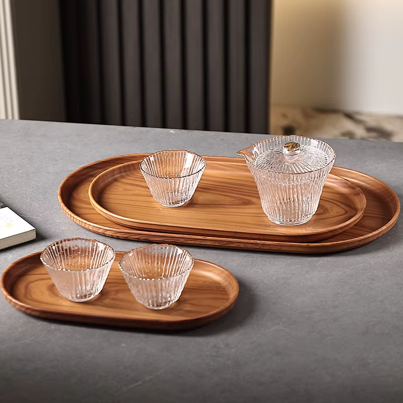 Vaisselle en plastique Grain de bois plateau alimentaire rond Rectangle assiette à Dessert style japonais Snack fruits thé soucoupe palette planche à pain