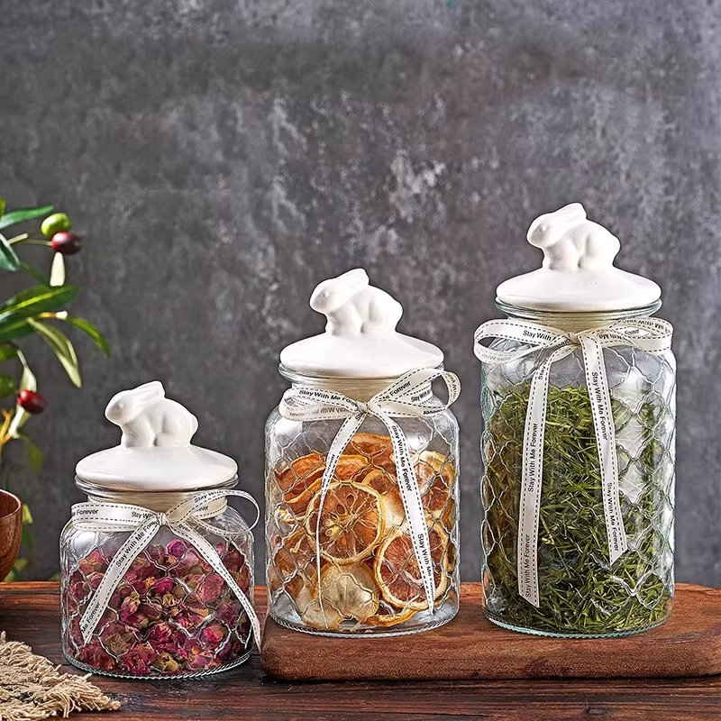 Pot scellé en verre transparent avec couvercle en céramique