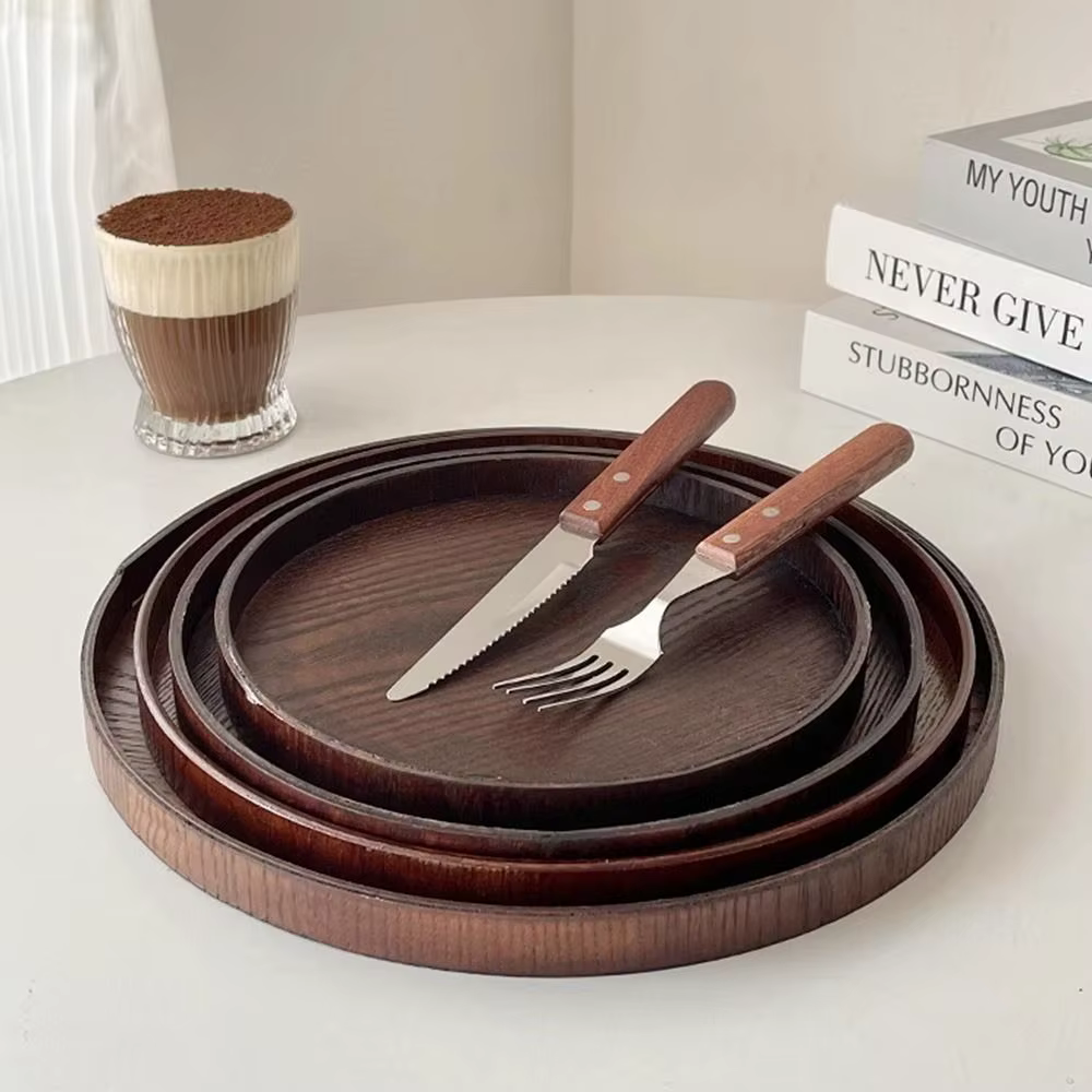 Plateau de service rond Vintage en bois 21/24/27/30/33cm