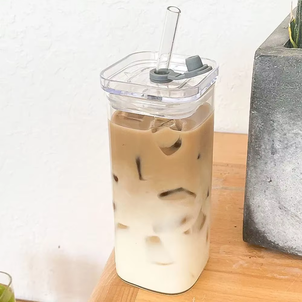 Gobelets carrés en verre avec couvercles/pailles – Ensembles de verres transparents pour café
