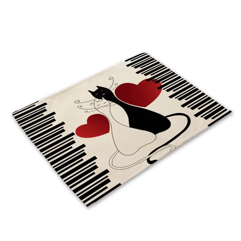 Joli set de table en lin motif chat noir, style occidental, résistant à la chaleur pour la décoration intérieure