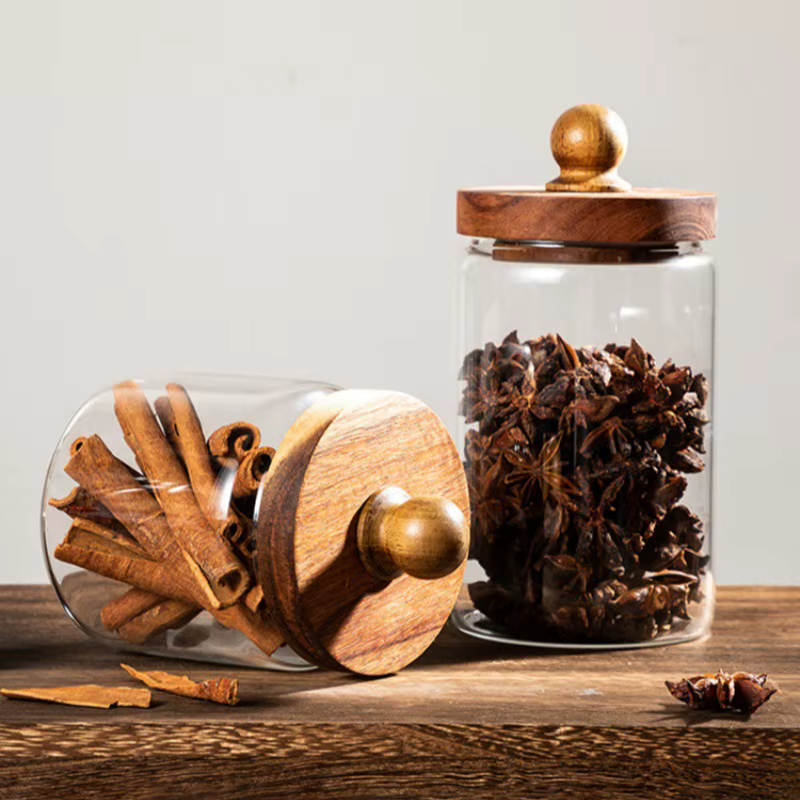 Pot de stockage des aliments en verre avec couvercle en bois