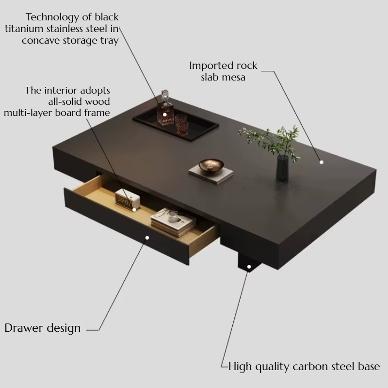 Table basse nordique moderne grande et noire avec rangement