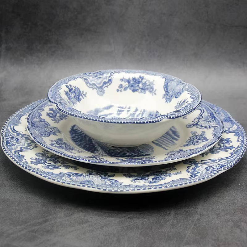 Queset de châteaux de Grande-Bretagne bleus, style européen, QueWare, assiette de petit déjeuner en céramique, plats de boeuf, plat à dessert, bol à soupe