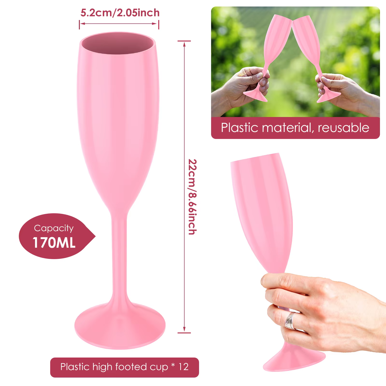 12 pièces flûtes à Champagne verre rose élégant