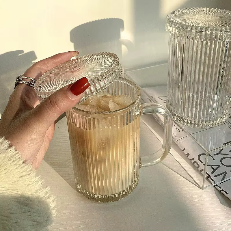 1 pièces Style nordique Latte moka tasses à café tasse en verre à rayures avec couvercle
