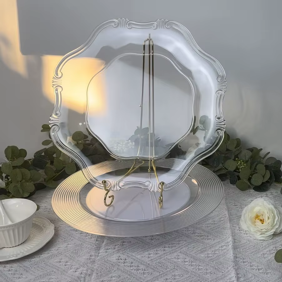 50 assiettes décoratives rondes transparentes avec bord doré