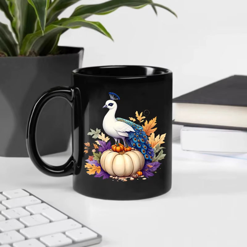 Tasse en céramique, motif de feuille d'automne paon noir et de citrouille