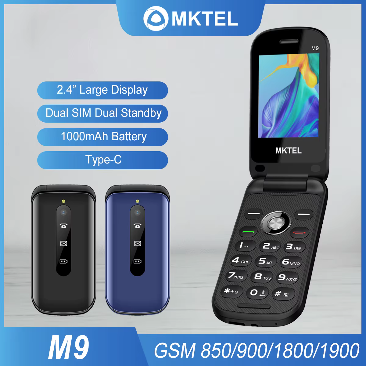 MKTEL M9 téléphone portable à rabat 2G 2.4 "affichage 1000mAh batterie double SIM double veille MP3/MP4/FM Radio débloquée personnes âgées fonction téléphone