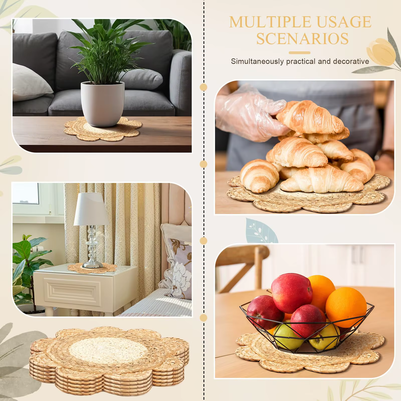 Ensemble de 4 sets de table ronds en rotin tissé