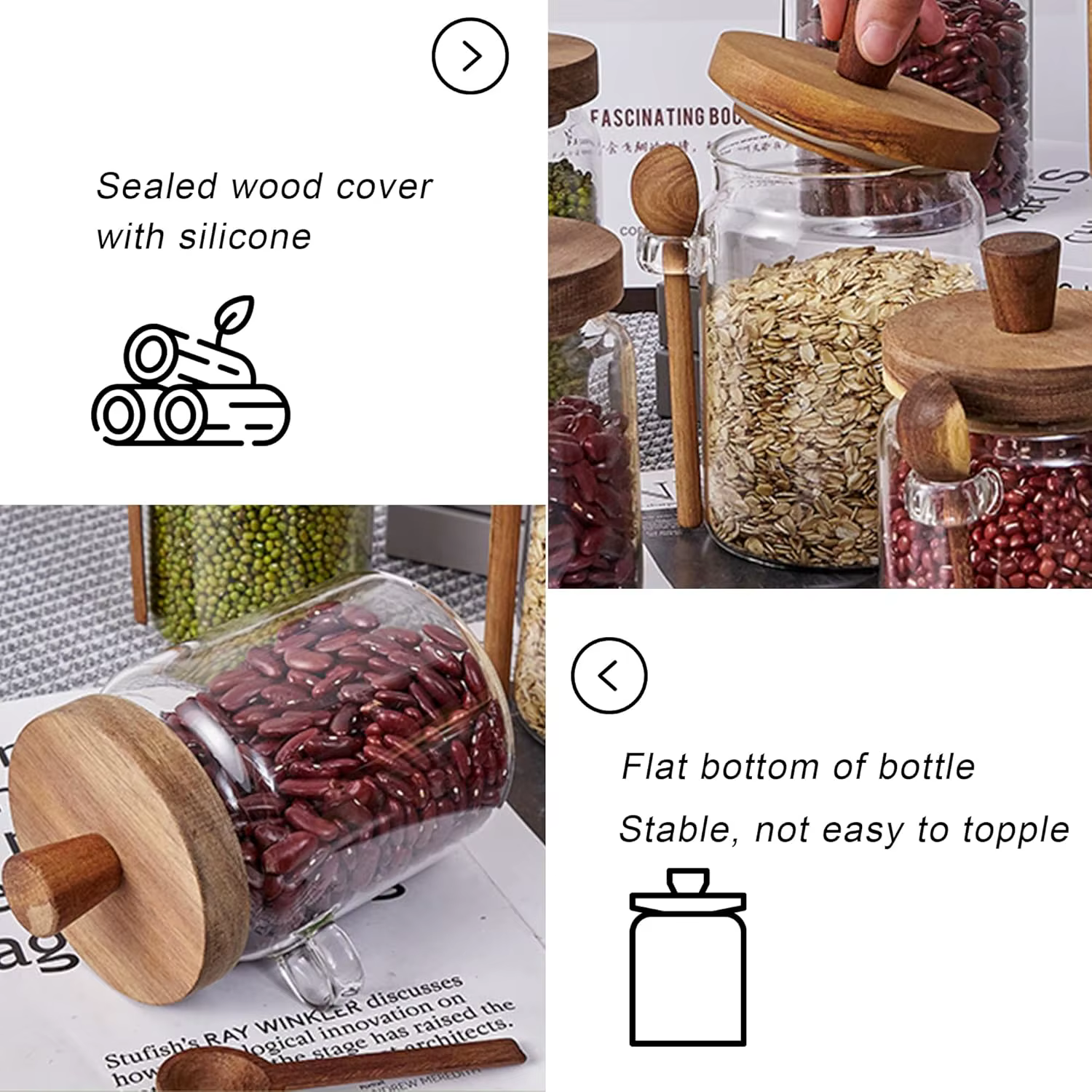 Bocaux en verre de cuisine avec couvercles et cuillère en bois