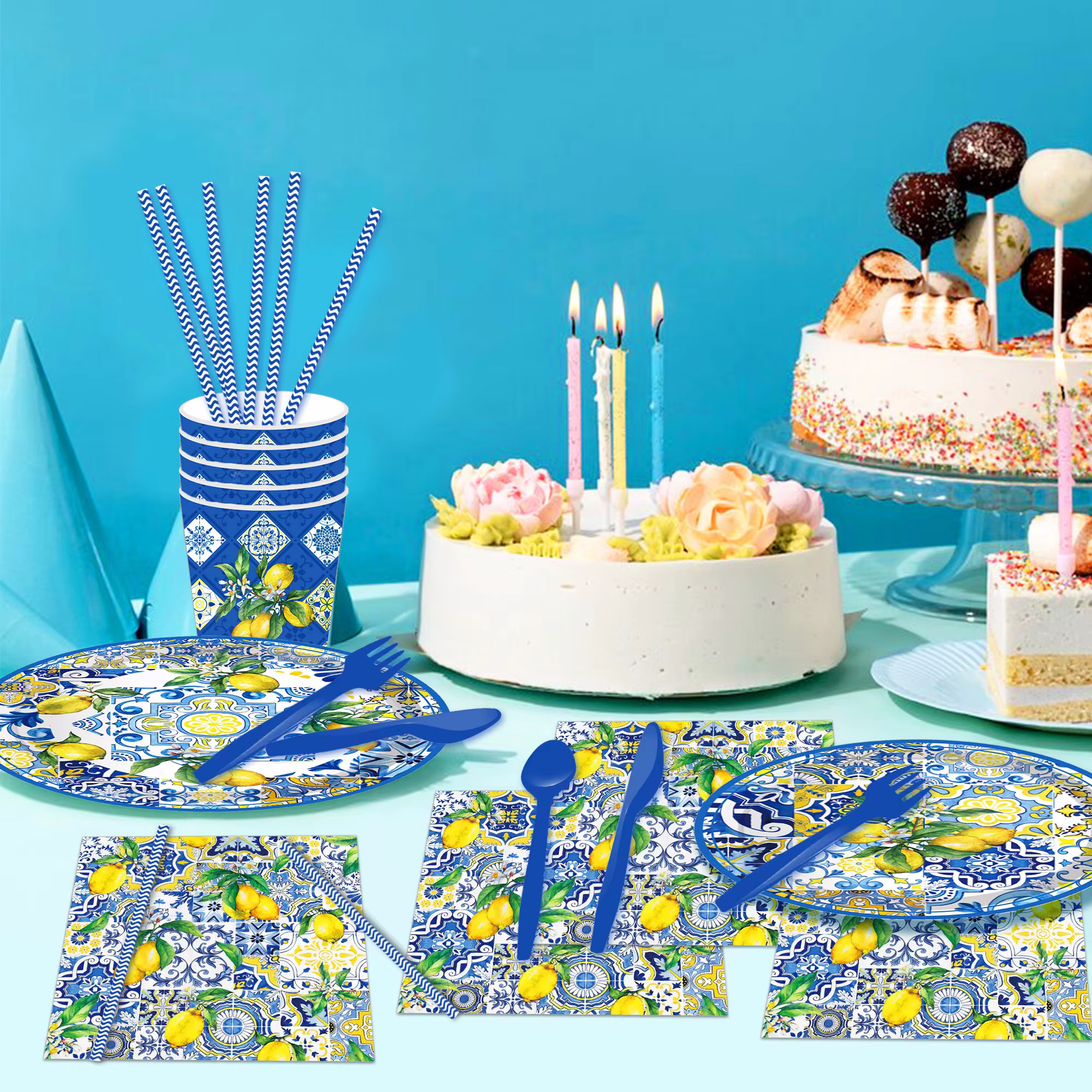 Ensemble de vaisselle jetable en porcelaine bleue et blanche